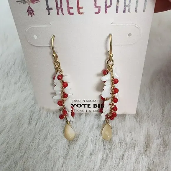NEW Peyote Bird Free Spirit Gold Chain Red Spiral Earrings with Shell Accents - Picture 5 of 8